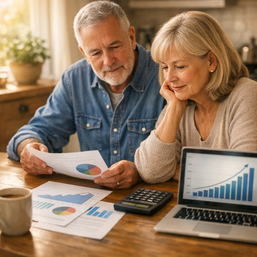 Couple near age 65 reviewing retirement savings and Social Security planning documents at their kitchen table