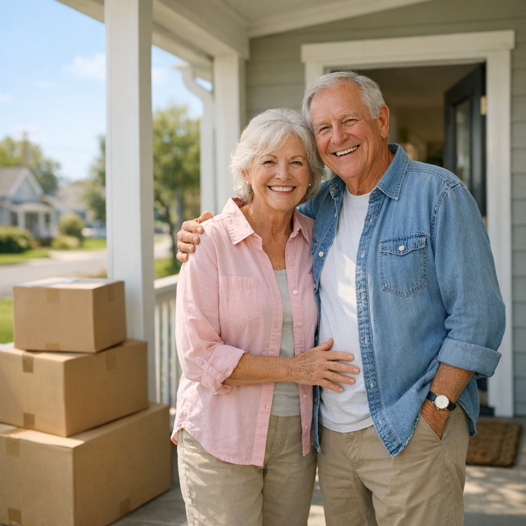 Retired couple relocating to a tax-friendly state, standing on the porch of their new home with moving boxes