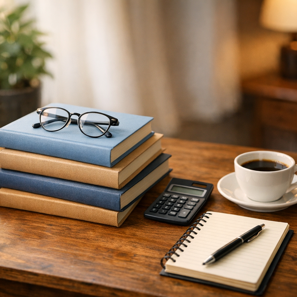 A stack of tax planning books with reading glasses, a calculator and coffee on a desk