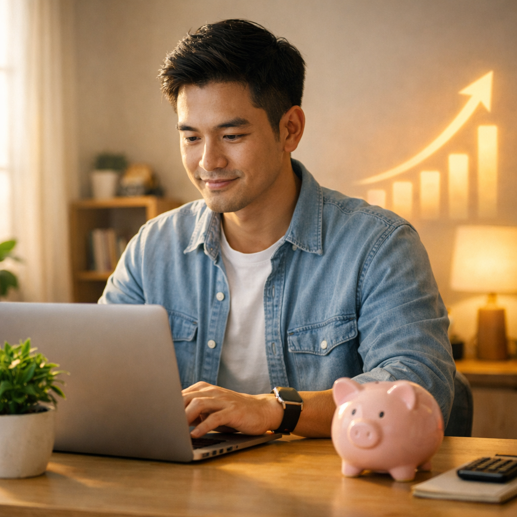 A focused person reviewing personal finances at a desk with a piggy bank and rising growth chart, illustrating a wealth-building mindset