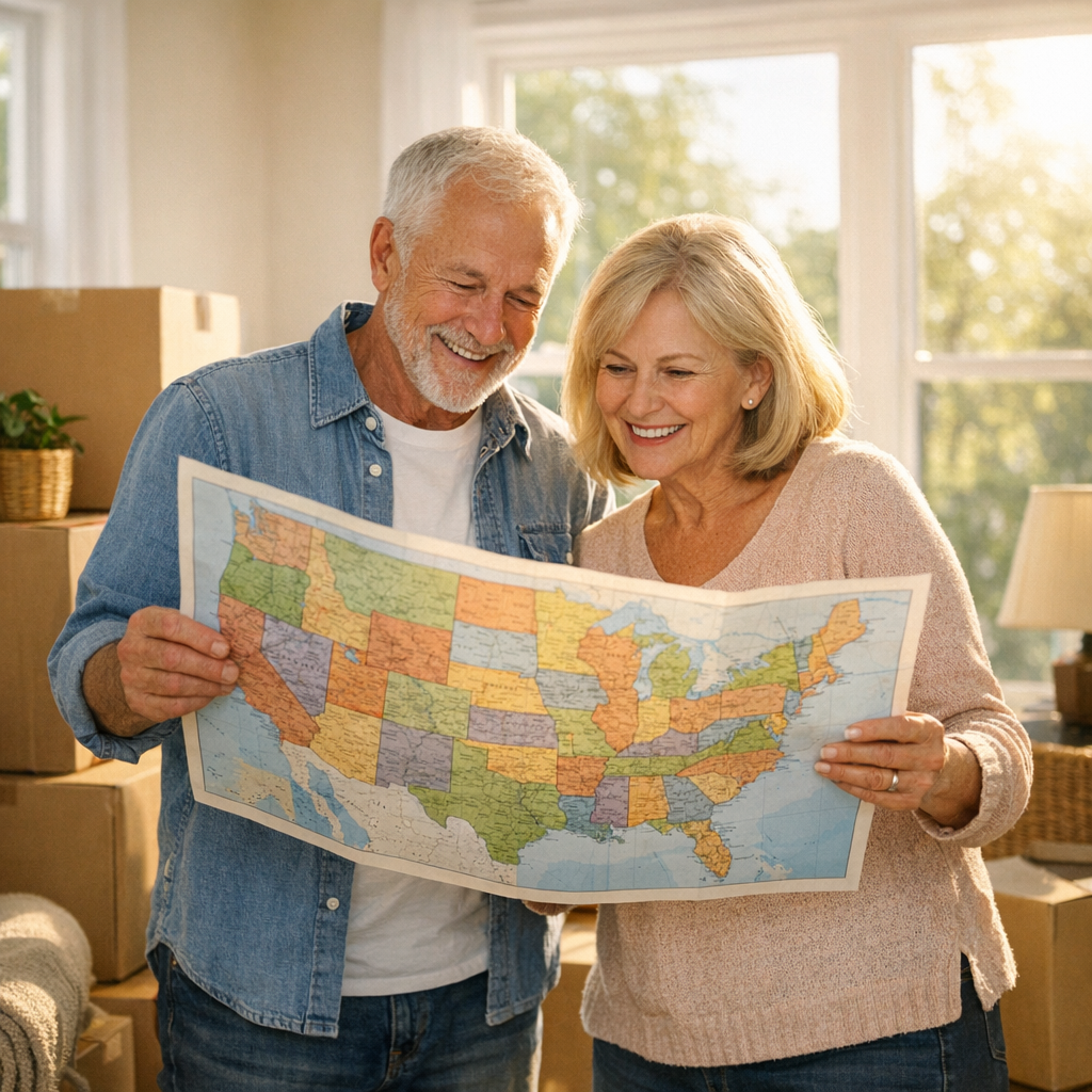 A retired couple with moving boxes reviewing a U.S. map while choosing the best state to retire in 2026
