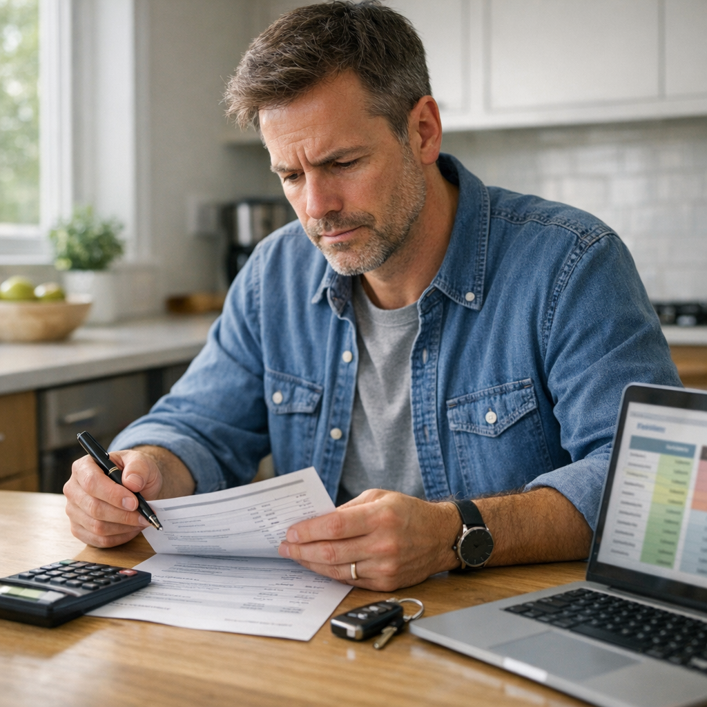 A driver comparing car insurance quotes at a kitchen table with a calculator, pen, and laptop, reviewing costs before switching providers