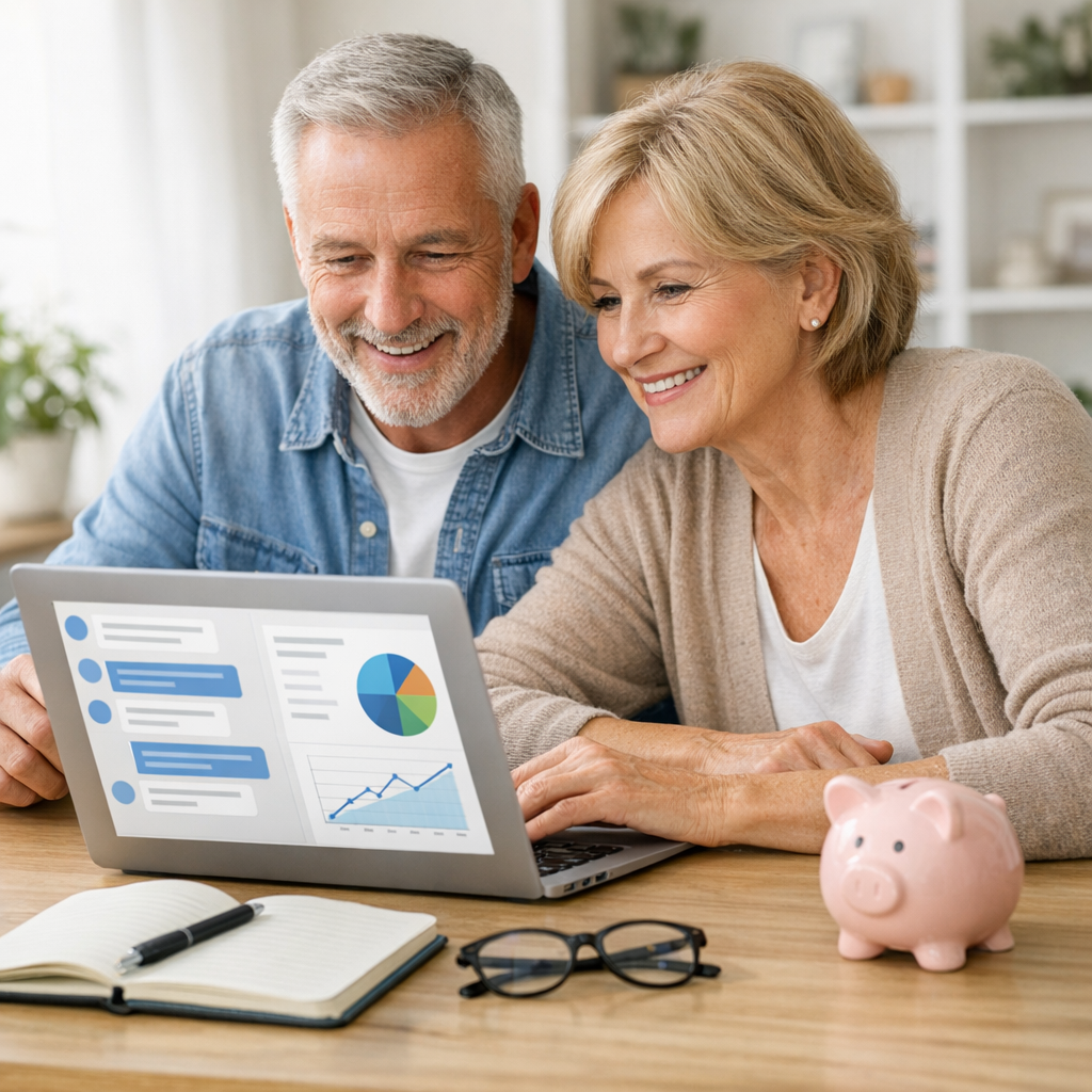 An older couple using an AI chat assistant on a laptop to explore retirement planning scenarios at home