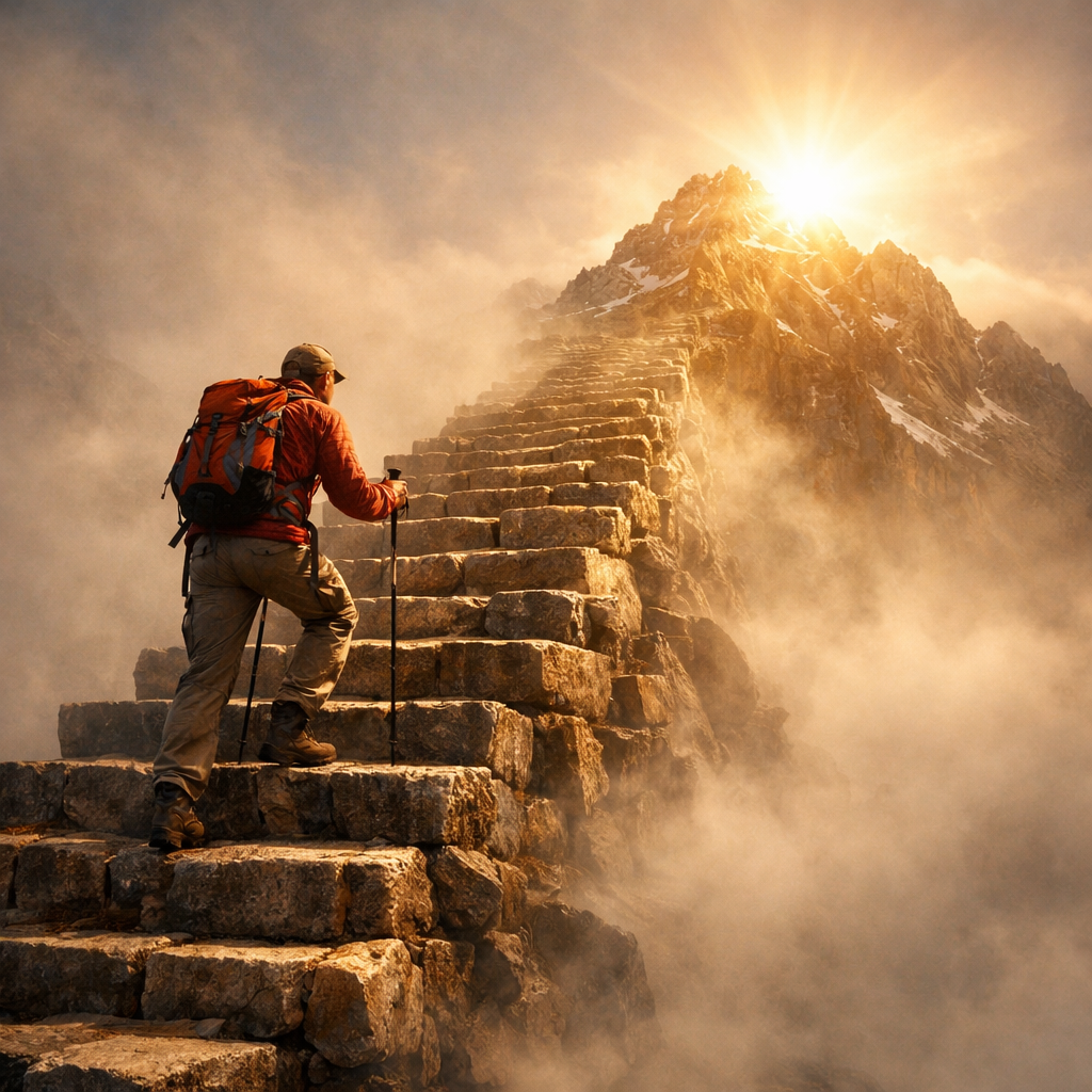 A climber ascending stone steps toward a sunlit summit, symbolizing walking from failure to failure without losing enthusiasm