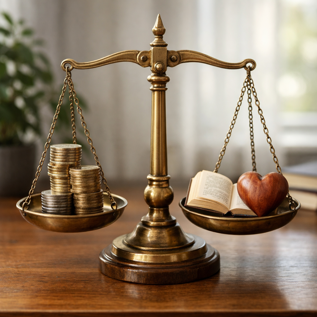 A balanced scale weighing coins against a book and a heart, illustrating Gandhi's seven deadly sins of imbalance