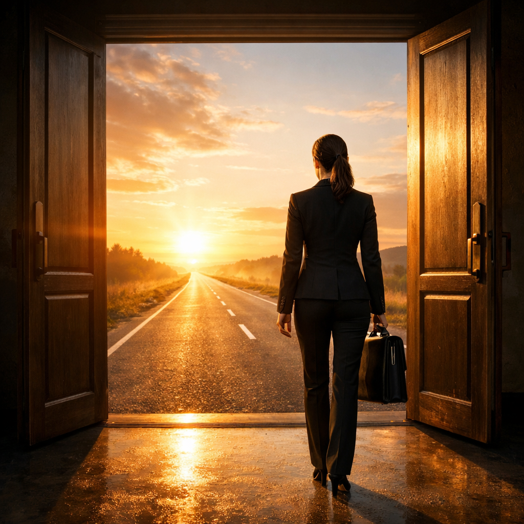 A determined woman stepping through an open doorway toward a sunrise road, symbolizing ambition and taking initiative