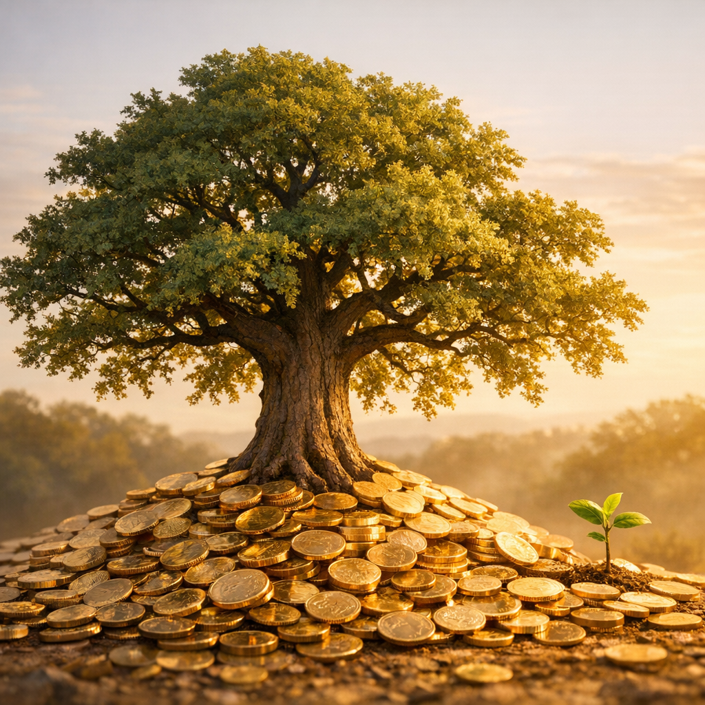 An oak tree growing from a pile of gold coins, symbolizing patient long-term buy-and-hold investing