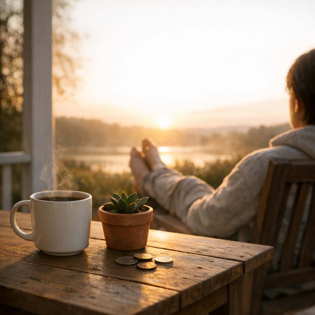 A person enjoying a simple peaceful morning with coffee and a few coins, symbolizing contentment over material wealth