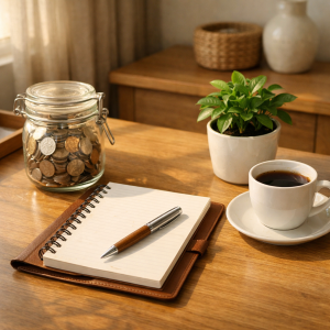 A tidy desk with a budget notebook and a jar of coins, representing financial peace from living on less than you make