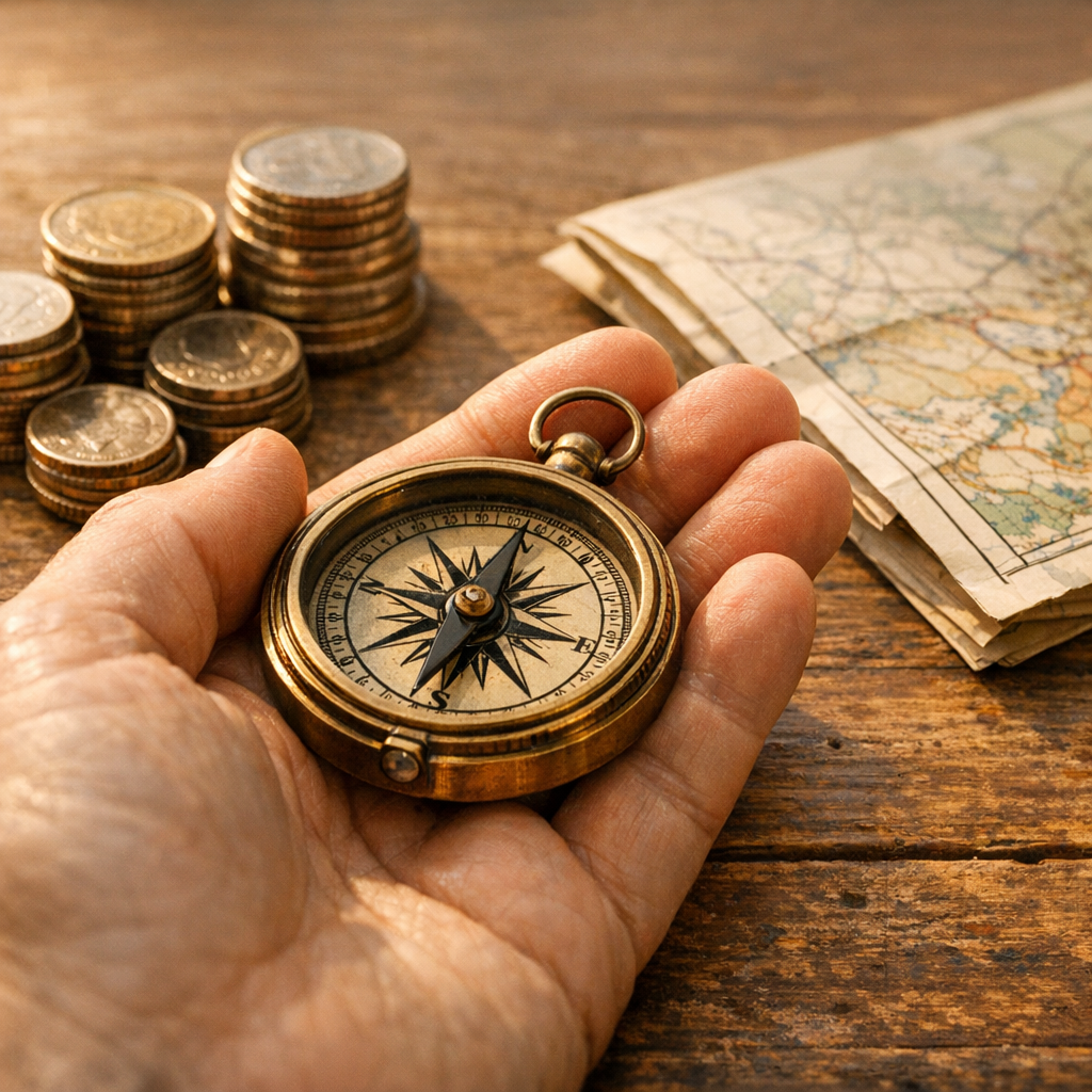 A compass beside a stack of coins and a map, illustrating the idea that money is only a tool
