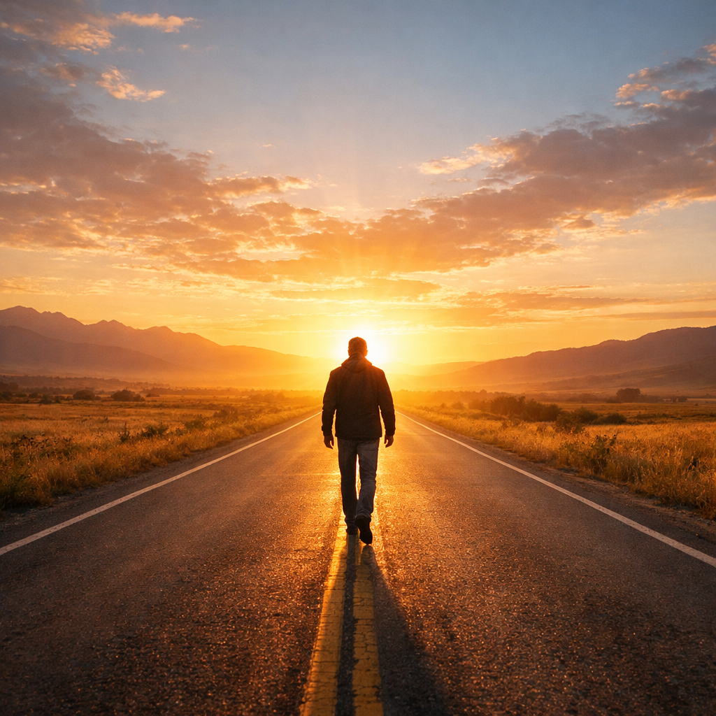 A person walking down an open road toward a sunrise, symbolizing the freedom and opportunity behind Nelson Mandela's quote that money won't create success