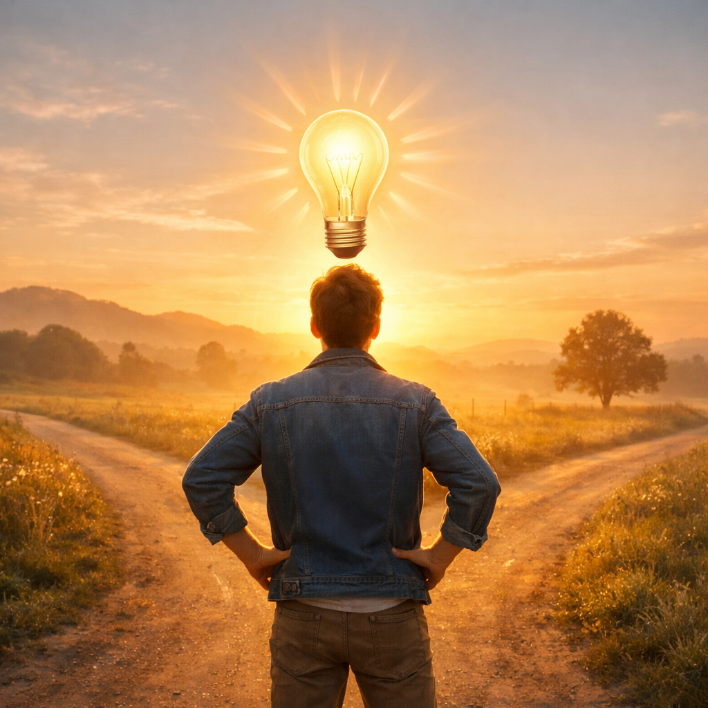An optimistic person at a crossroads with a lightbulb idea, illustrating Norman Vincent Peale's message that empty pockets never hold us back, only empty heads do