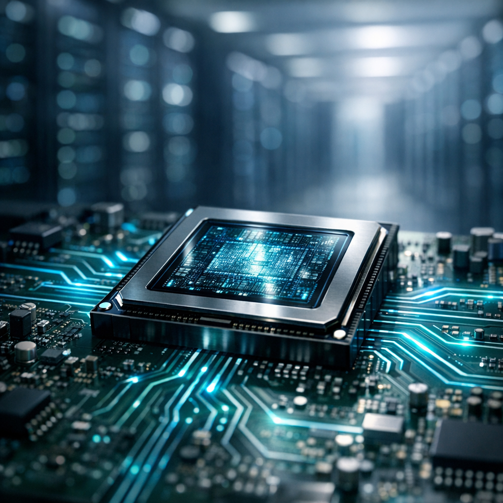 Advanced AI semiconductor chip on a circuit board inside a data center, illustrating AI chipmakers scaling up for 2026