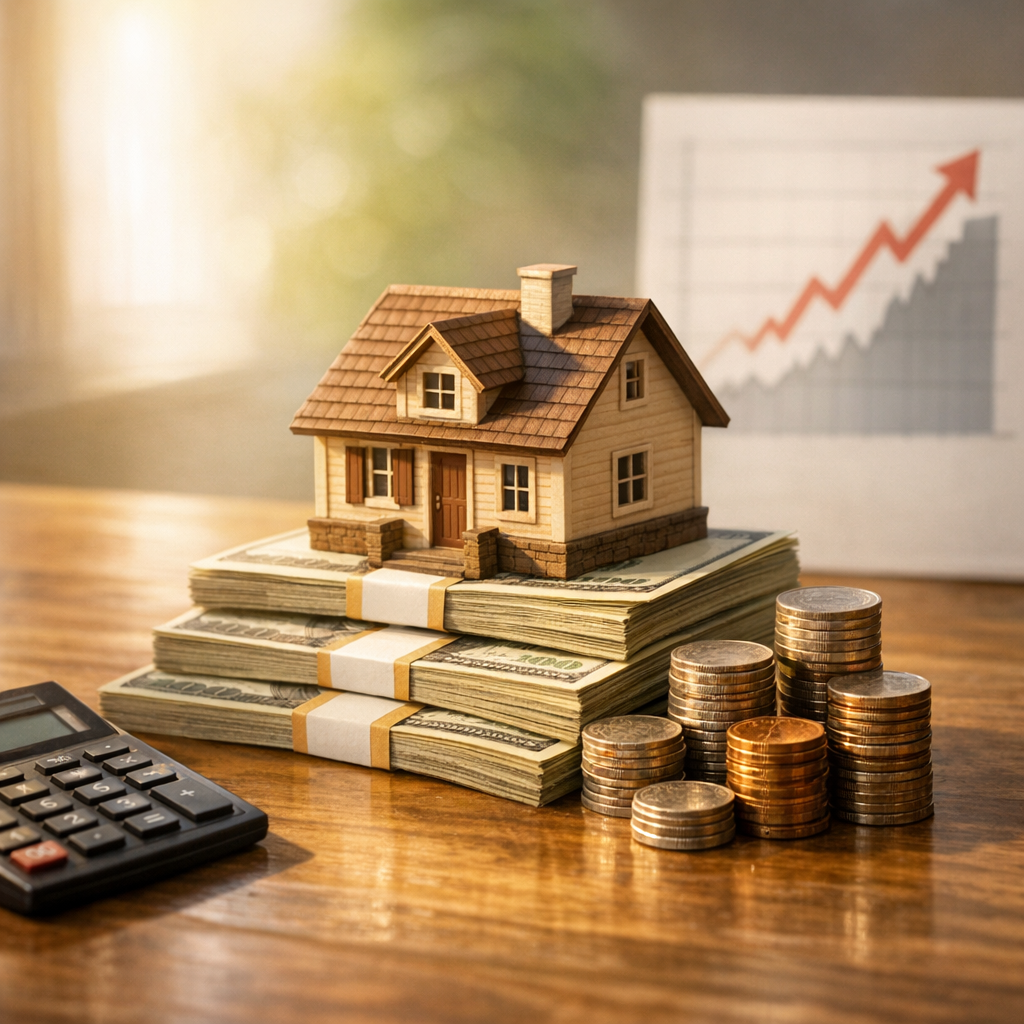 Model house on stacks of cash with a calculator and rising chart, illustrating capital gains indexed to inflation on home sales