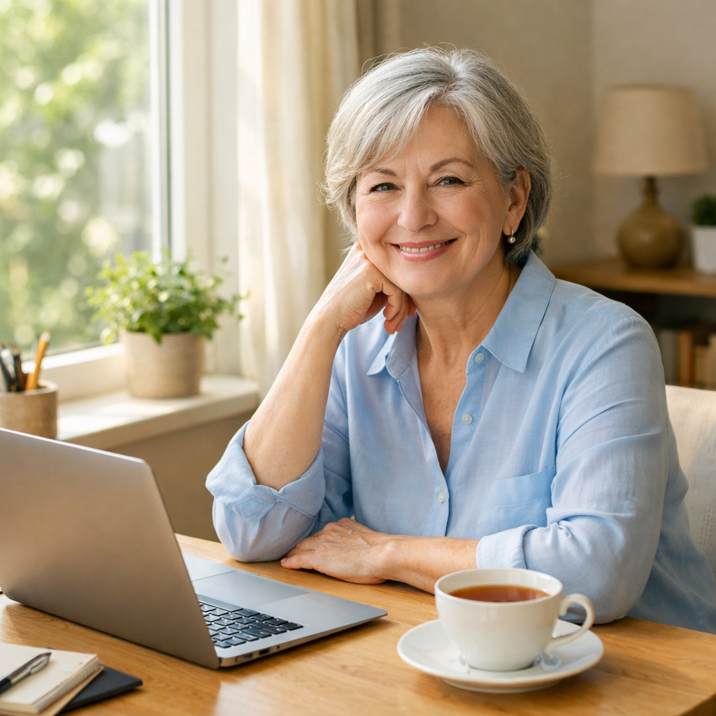 A relaxed retiree working a low-stress remote part-time job from a bright home desk