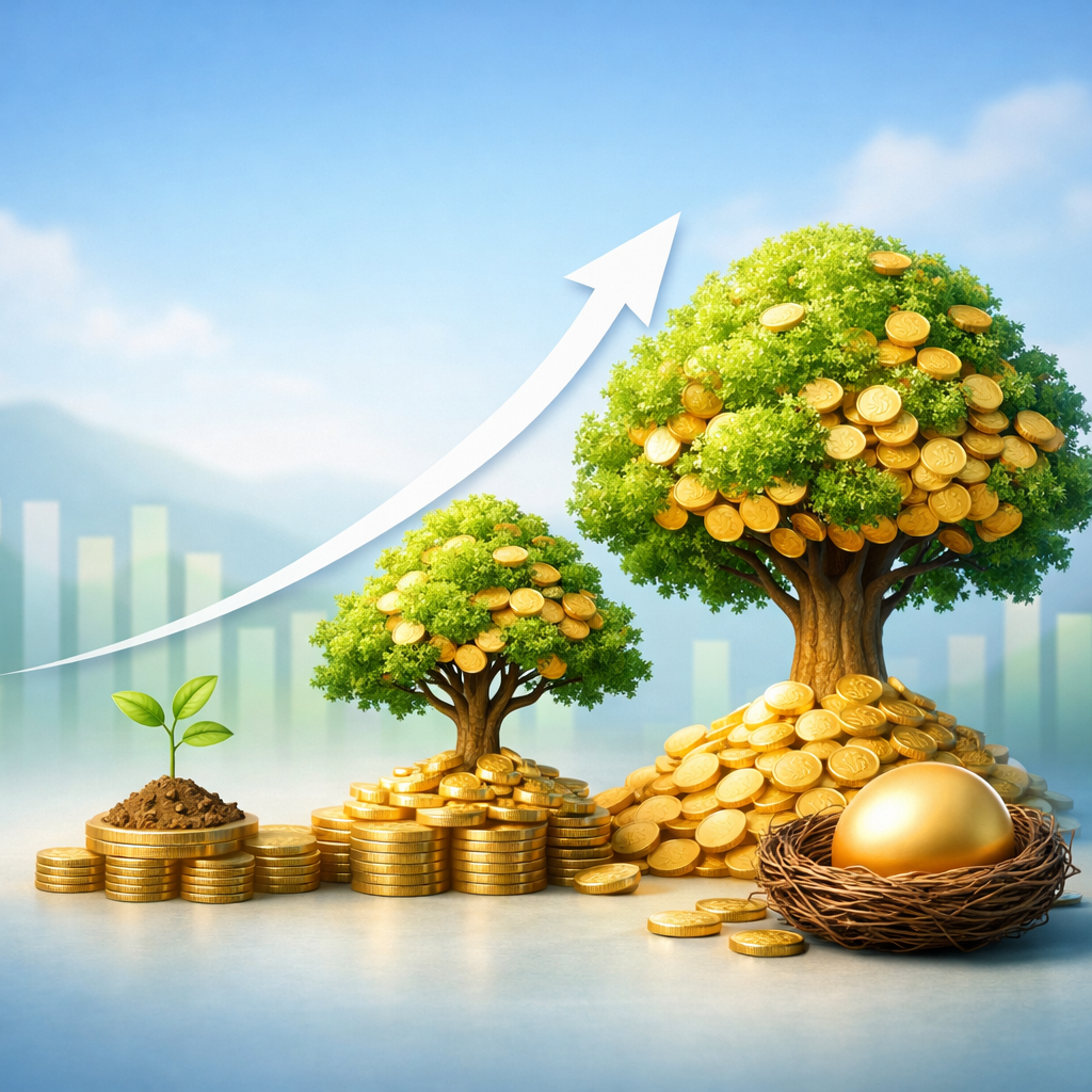 Compound interest investments growing retirement savings, shown as coins growing into a tree