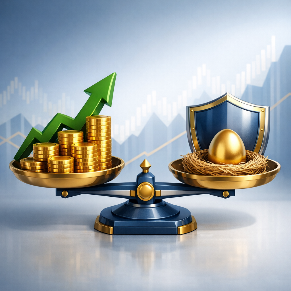 High-return investments for retirement balanced against risk on a scale with growth and a nest egg