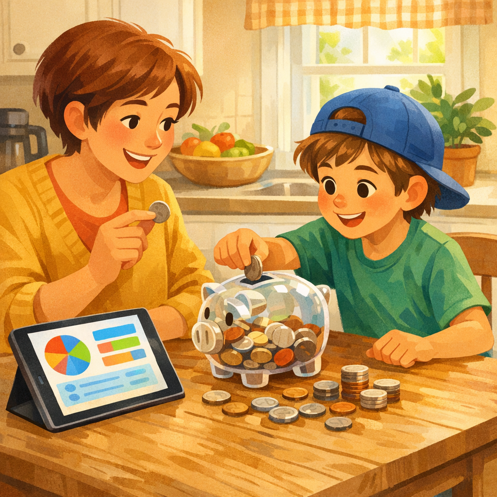 Parent teaching a child about money to build financial literacy at home