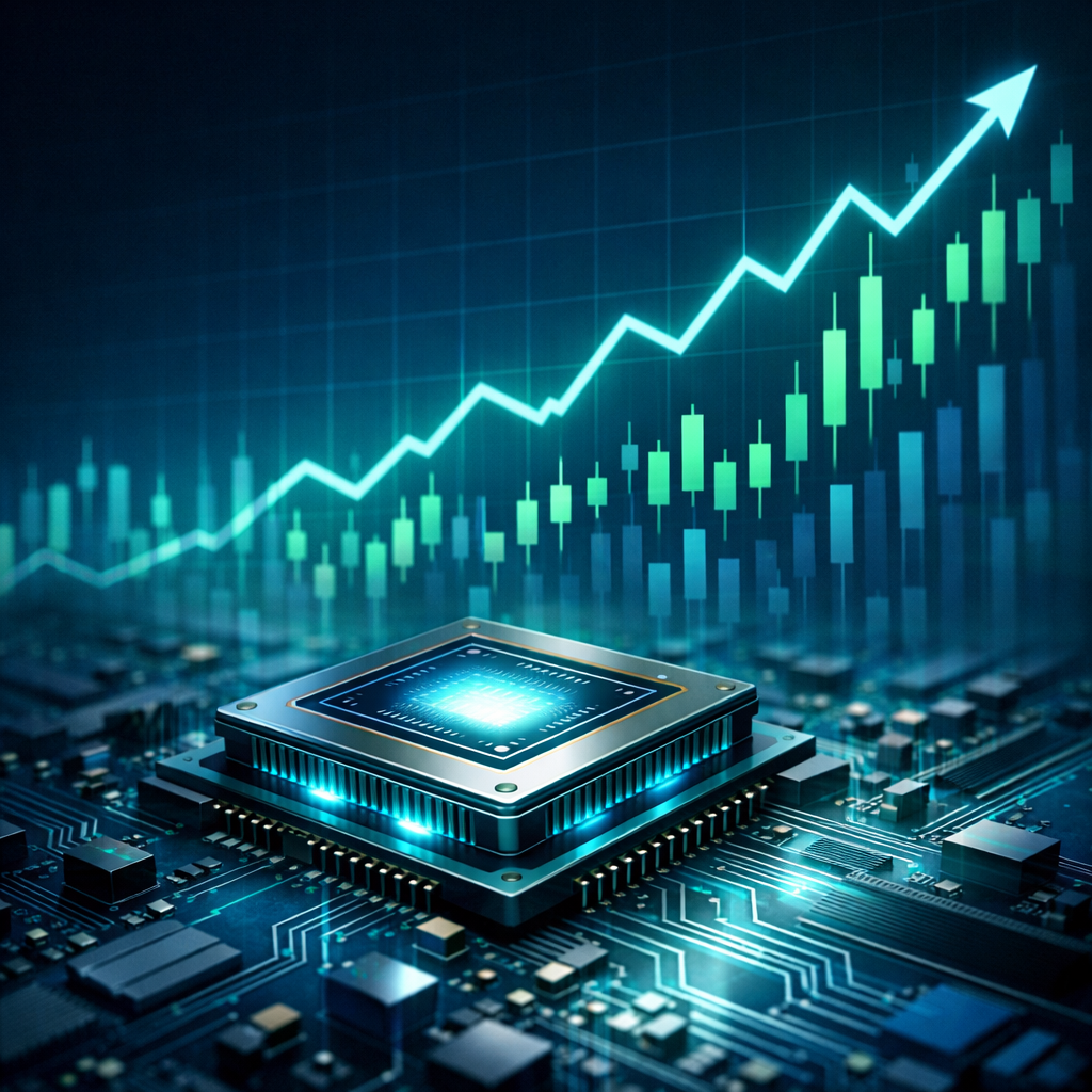 Semiconductor chip with a rising stock chart representing NVIDIA stock and AI chip demand