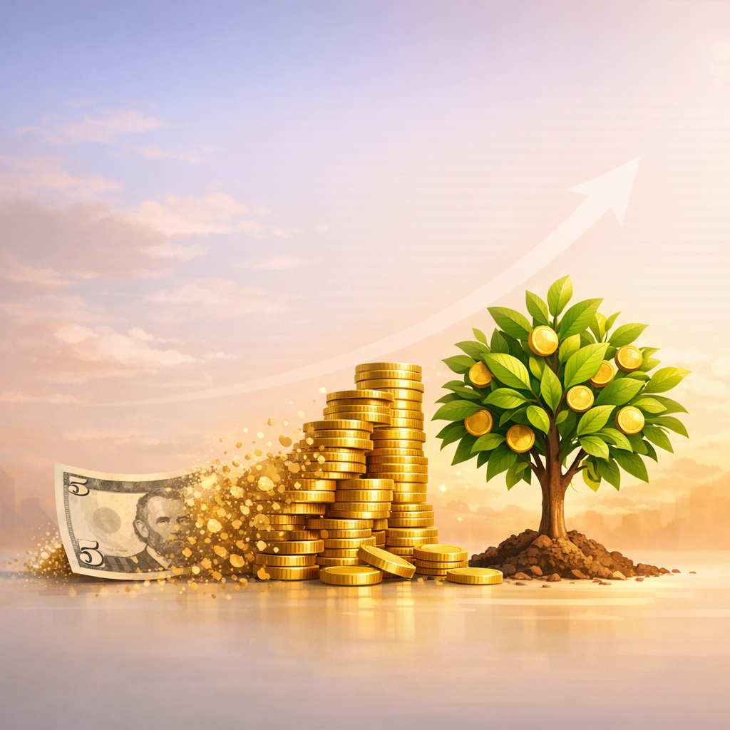 A five-dollar bill growing into stacks of coins and a money tree, illustrating how compound interest turns small investments into a million dollars