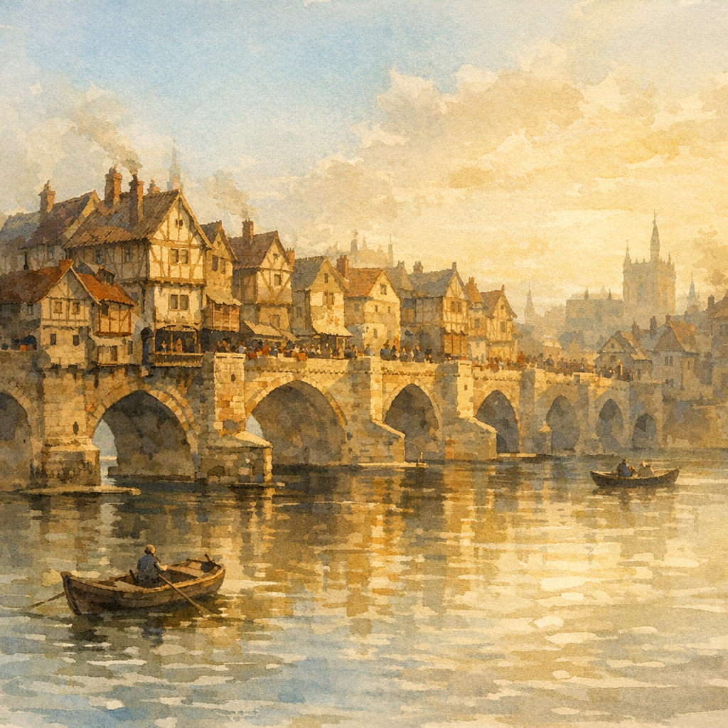 Illustration of old medieval London Bridge with stone arches over the River Thames, evoking the history behind the London Bridge is Falling Down nursery rhyme