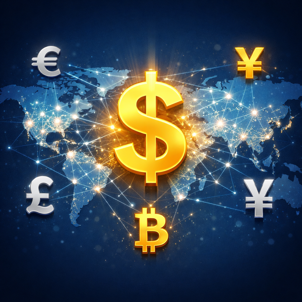 US dollar at the center of a global trade network, illustrating why a BRICS currency is unlikely to replace the dollar