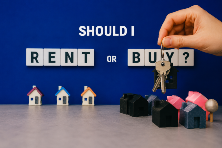 should I rent or buy typed on a blue background; An Honest Look at Rent vs. Buy