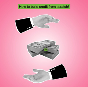 hands on either side of a stack of money and pink background; Build Credit From Scratch When You Have No Credit History