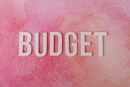 budget typed on a pink background; Create a Monthly Budget You'll Stick To