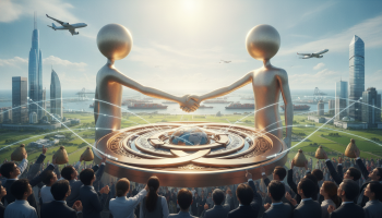 2 powers shaking hands; Fifth and sixth economies seal trade pact