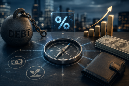 graphic showing a compass to follow; Navigating Debt, Cash, and Growth in a High-Interest Era
