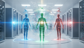 futuristic see through models in an office; Self-Improving AI models intensify tech rivalry
