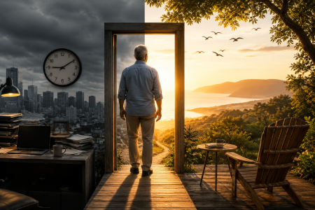 man walking to a lit doorway for a brighter future;