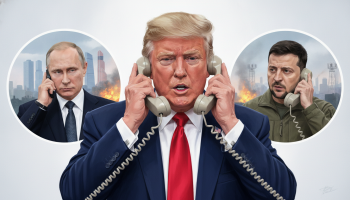 trump with phone receivers on both sides of his head; Trump speaks with Putin and Zelenskyy