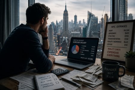 man working looking out over a big city; Why Big-City Founders Are Living a $75K Reality