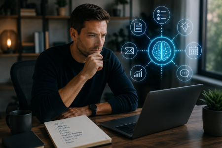 man at desk considering ai and other work issues; Why Smart Entrepreneurs Are Using AI for Cognitive Offload