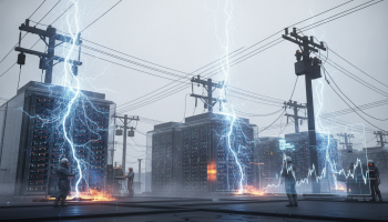 showing an AI power grid with electrical current; AI training surges trigger grid alert
