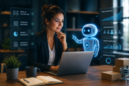 business woman working with agentic ai; Agentic AI is Rewriting the Rules of Small Business Scaling