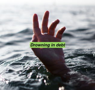 a person drowning in debt; America’s Debt Addiction Is Widening the Wealth Gap