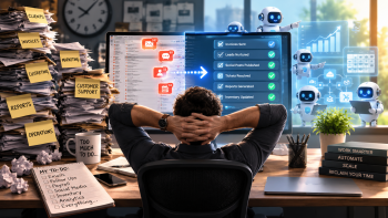 man at working looking at all he must do; Burnout Antidote Automate Your Business