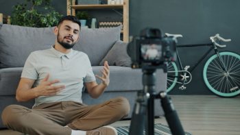 a young founder doing an interview for his product
