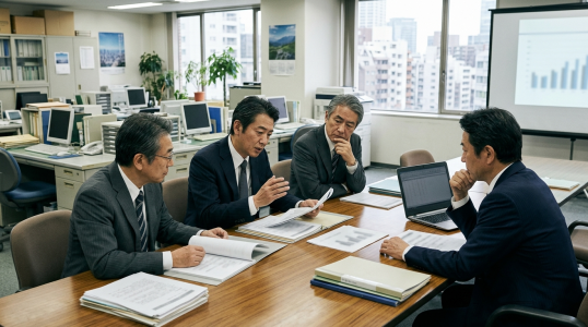 businessmen sitting at long desk discussing AI; Japan’s businesses lag on AI adoption