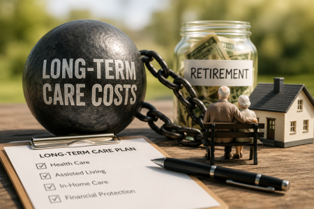 long-term care costs shown with a ball and chain and retirement money in a bottle;