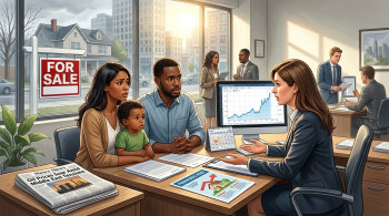 young family meeting with mortgage loan officer at the bank; Mortgage rate hits nearly one-year high