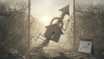 a gray arrow with a home attached going up in a cloud of smoke;