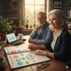 retired couple going over retirement with advisor; Pension vs Lump Sum How to Choose