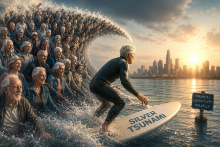 a golden or senior on a surfboard wave;