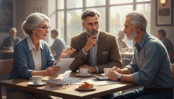 seniors sitting at table discussing work in later years; Survey finds many seniors expect lifelong work