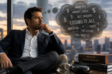 man looking out the window thinking about money;