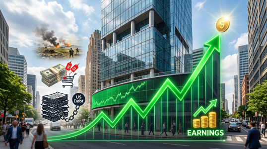 graphic showing the market going up on the outside of a building;